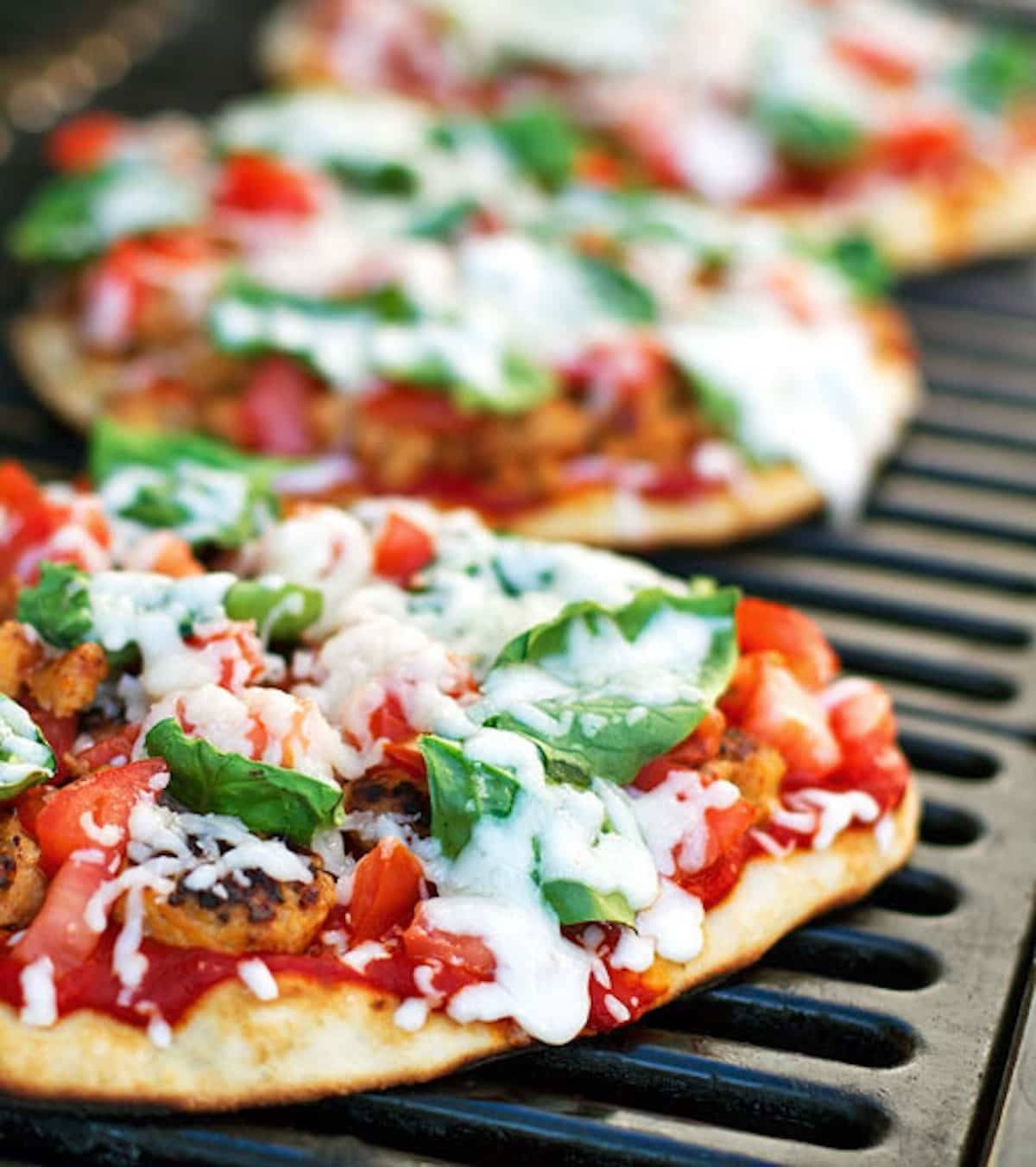 Grilled Chicken Sausage, Spinach, and Mozzarella Pizza.